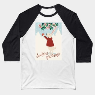 Cute rabbit in red sweater hanging up Christmas decorations in a snowy winter landscape Baseball T-Shirt